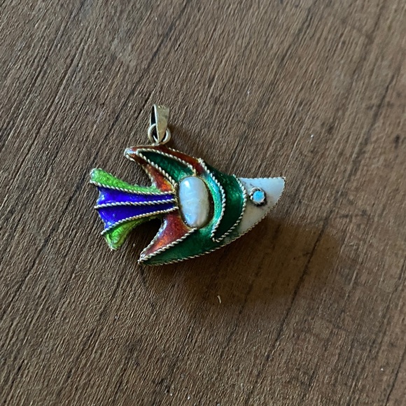Jewelry - Very Rare Vintage 925 enamel Fish Pendant with pearl and opals.